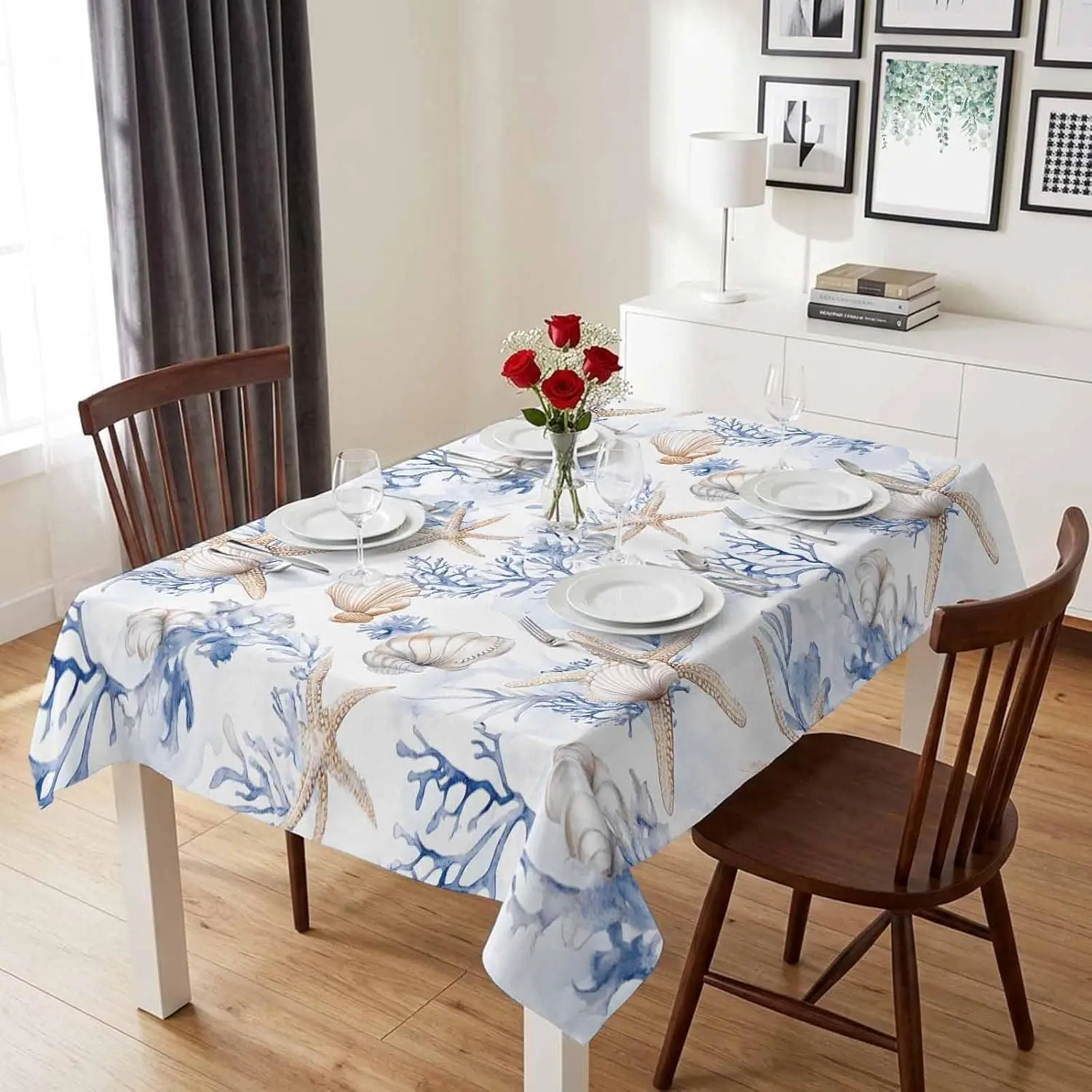 Summer Ocean Shells Starfish Rectangle Tablecloth for Table Decor Blue Sea Coral Kitchen Dining Table Cloth Party Decorations