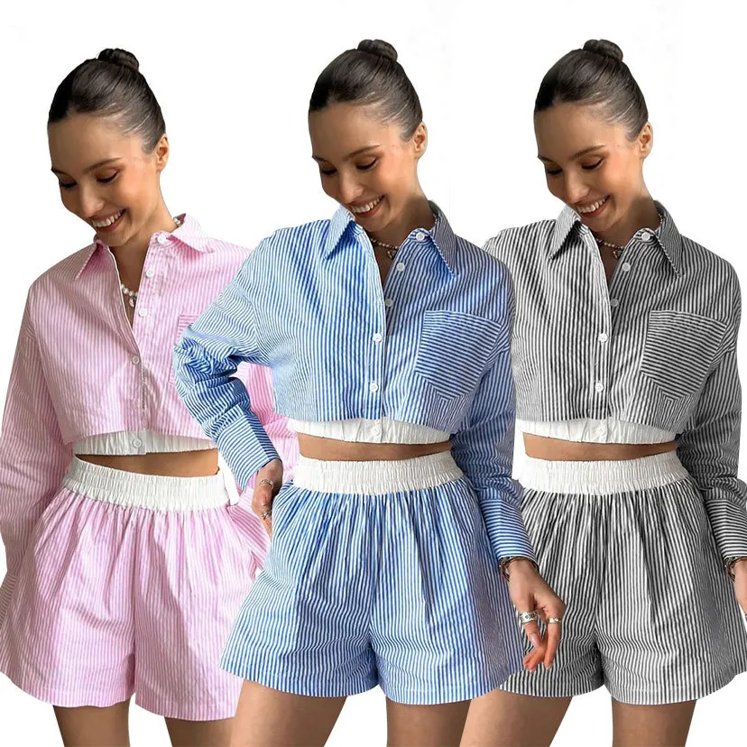 Trend Stripe Color Matching Two Piece Set Women Fashion Short Long Sleeve Shirts Shorts 2 Piece Sets Female Spring Suit 2024 New