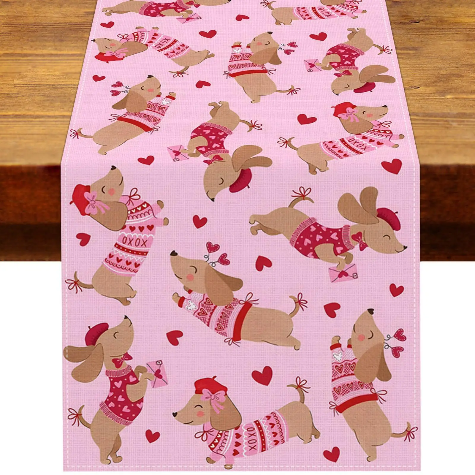 2pcs Cute Dachshund Dog Table Runner Floral Heart Print Kitchen Dining Table Decor Pet Lover Home Party Table Flag