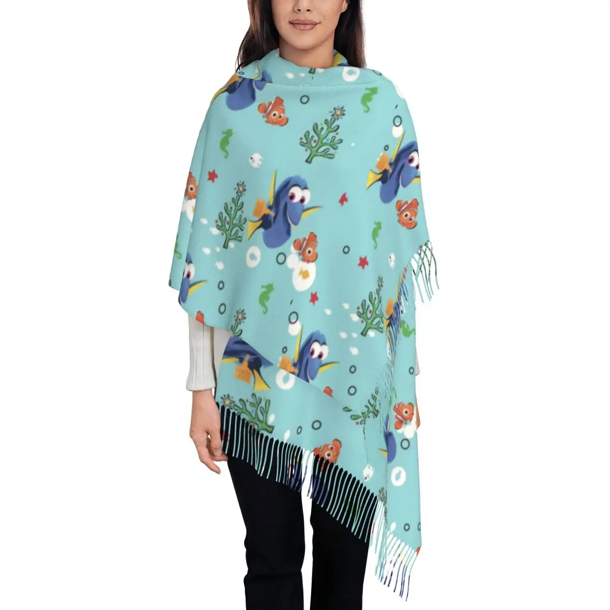 Custom Ladies Long Dory Finding Nemo Scarves Women Winter Fall Soft Warm Tassel Shawl Wrap Scarf