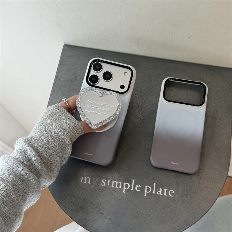 

Gradient Gray Rhinestone Heart Magnetic Phone Case With Stand For iPhone 17 16 15 14 Pro Max Shockproof Cover