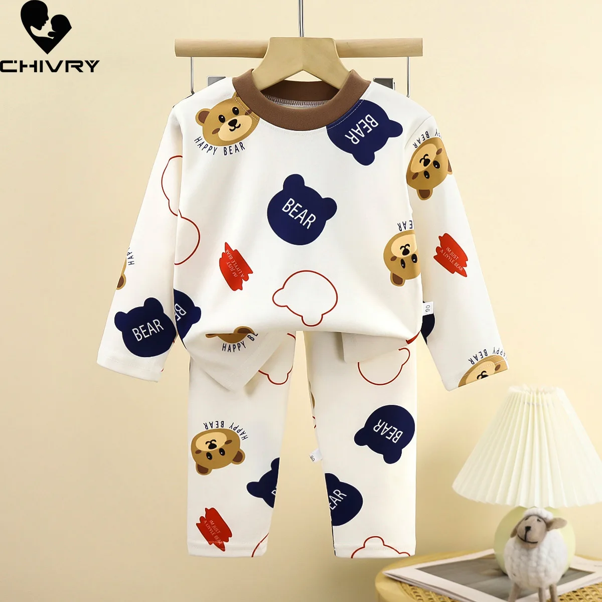 

New Boys Girls Autumn Warm Pajamas Sets Kids Cute Cartoon Print Long Sleeve T-Shirt Tops + Pants Pyjamas Baby Casual Underwear