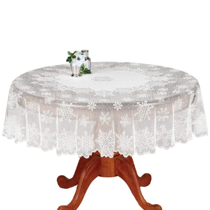 Tablecloth (Round) 180cm DiameterChristmas Lace Snowflake Pattern White