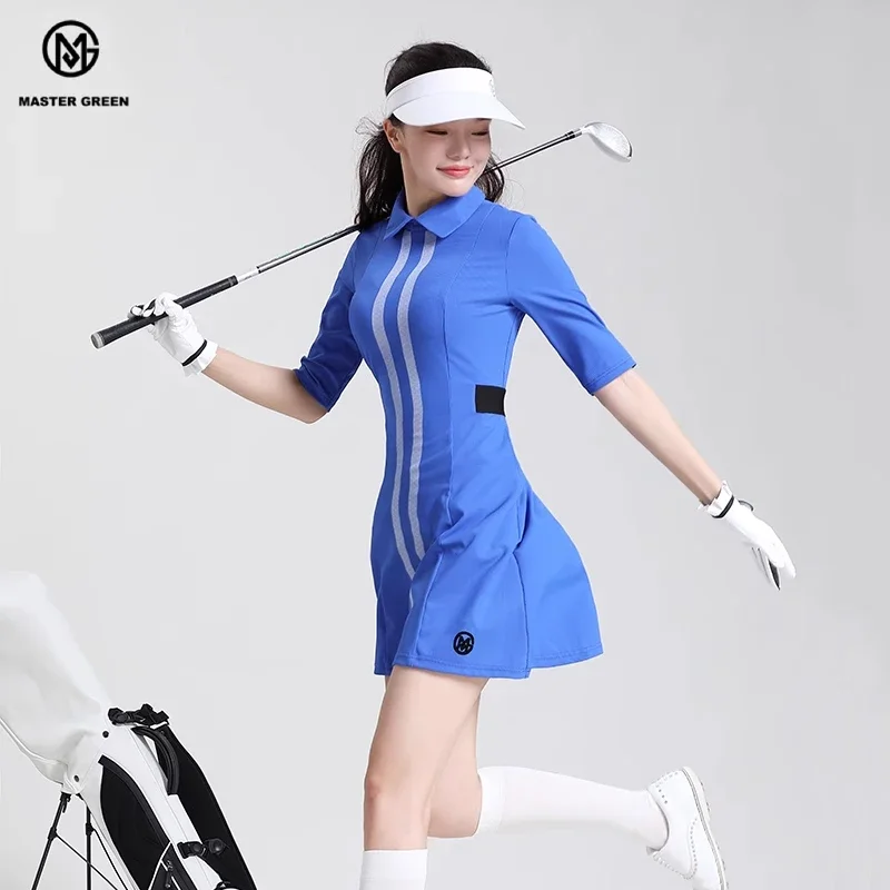 MG Golf Polo Dress Women Half Sleeves Long Dresses Slim High Stretch Quick Drying Blue Stripe Skirt Tennis Golf Apparel Casual