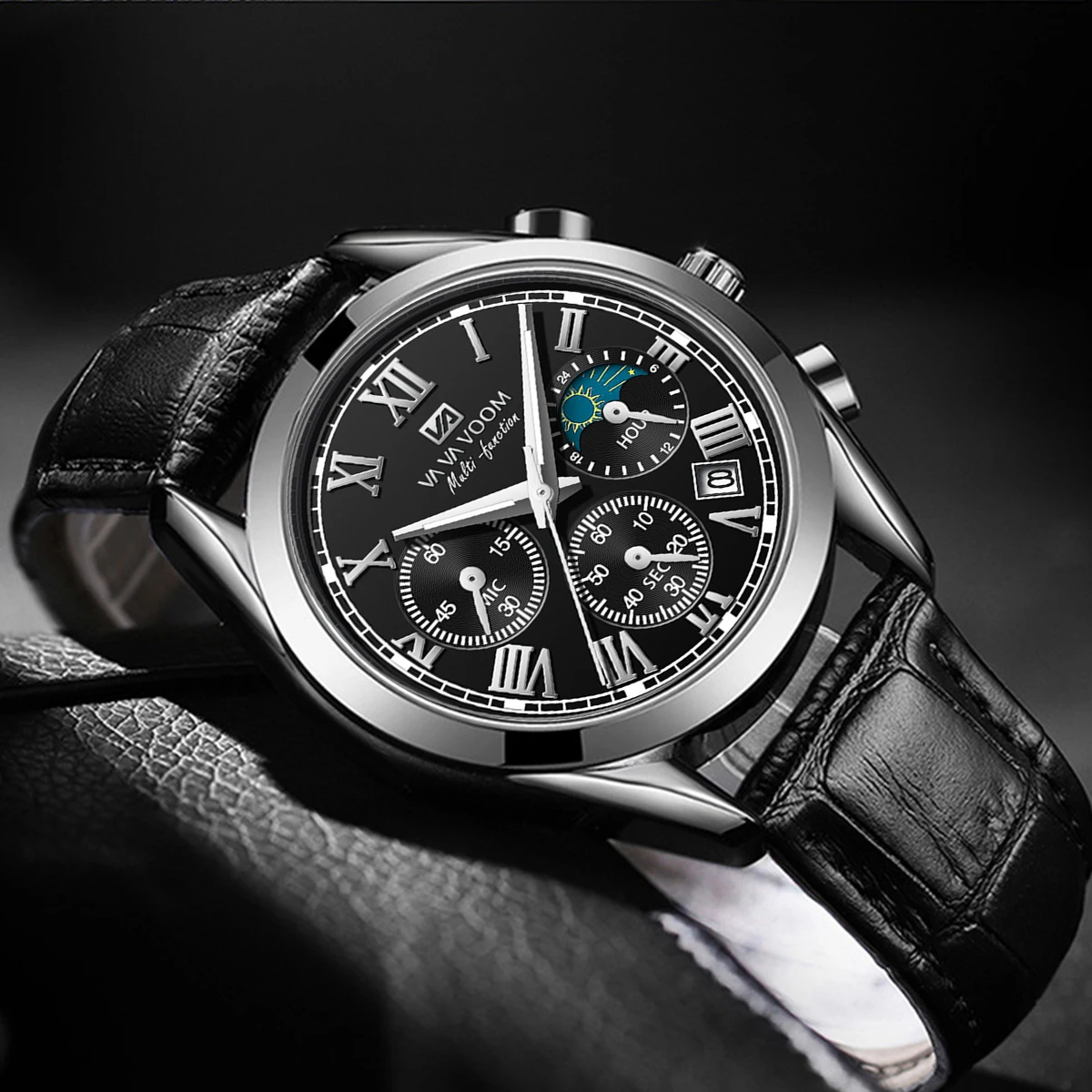 ساعة للرجال على الطراز العسكري، متعددة الوظائف، ساعة توقيت ليلية، ضوء نجمة القمر، ساعات جلدية عصرية للجري