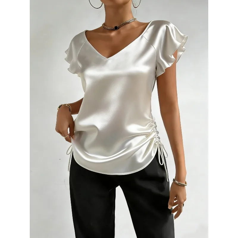 

2026 New French Satin V-neck Ruffled Drawstring Top for European and American Women's Wear, Fashionable Commuter Women's Wear