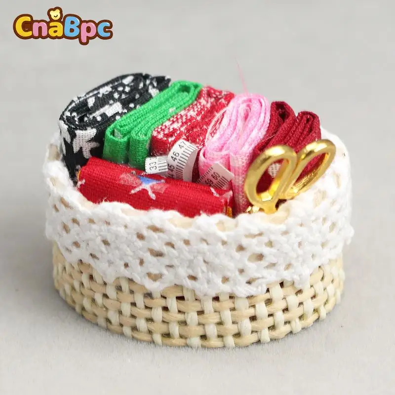 1/12 Dollhouse Miniature Sewing Tools Fabric Needle Basket Simulation Scissors Cloth Ruler For Dolls House Life Scene Decoration