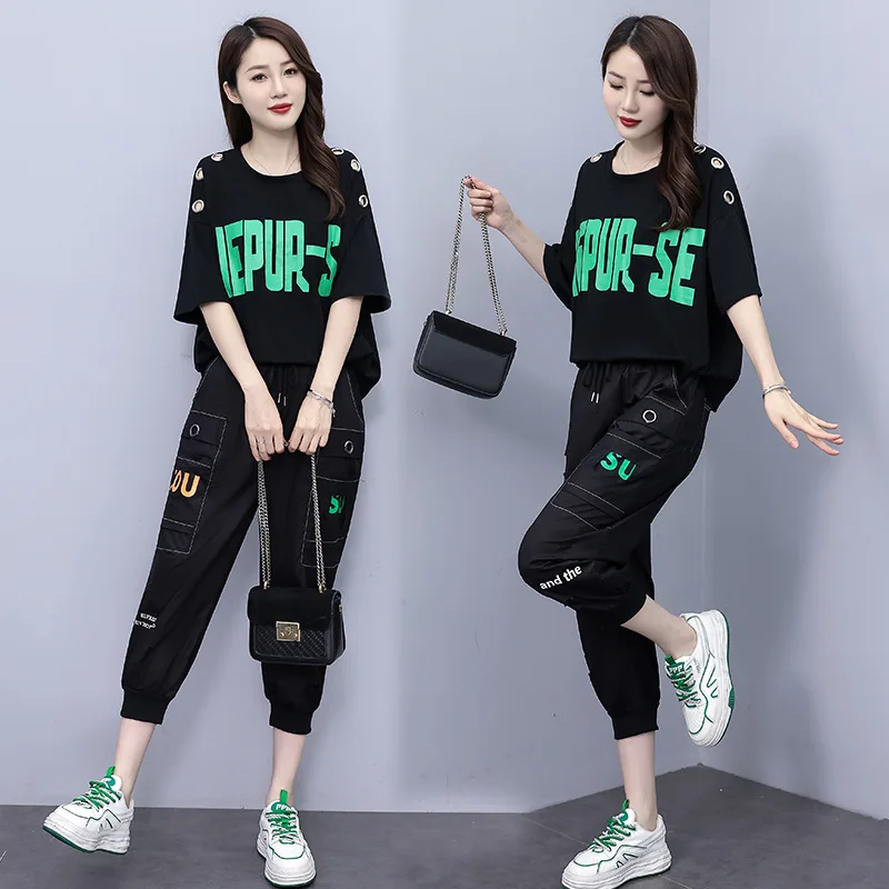 Summer Sports Set Short Sleeve T-shirt +cropped Pants Women's Two Piece Set 2024 New