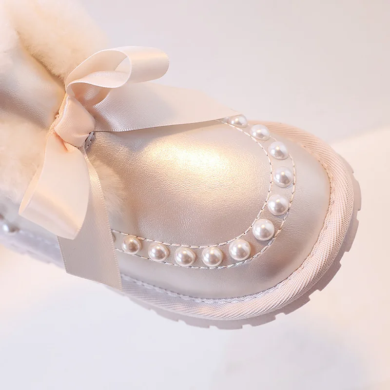 Girls Snow Boots 2023 Winter Toddler Kids Princess Fashion Brand Chelsea Ankle Boots Children Warm Fur Pearls Bowtie Pink Shoes