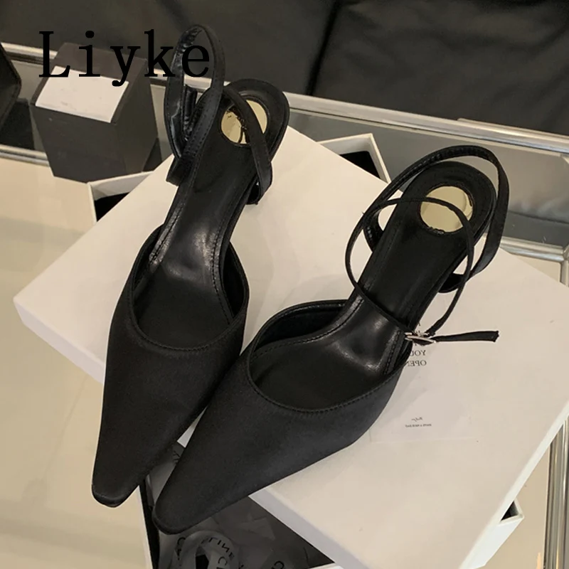 Liyke Summer Fashion Ankle Buckle Strap Sandal Women Pumps Elegant Pointed Toe Stiletto High Heels Mules Lady Party Dress Shoes