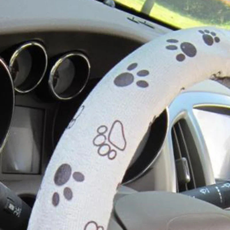 Car Steering Wheel Cover Cute Paw Printed Protector Interior Accessories Soft Non-slip Grey Steering Wheel Cover Universal