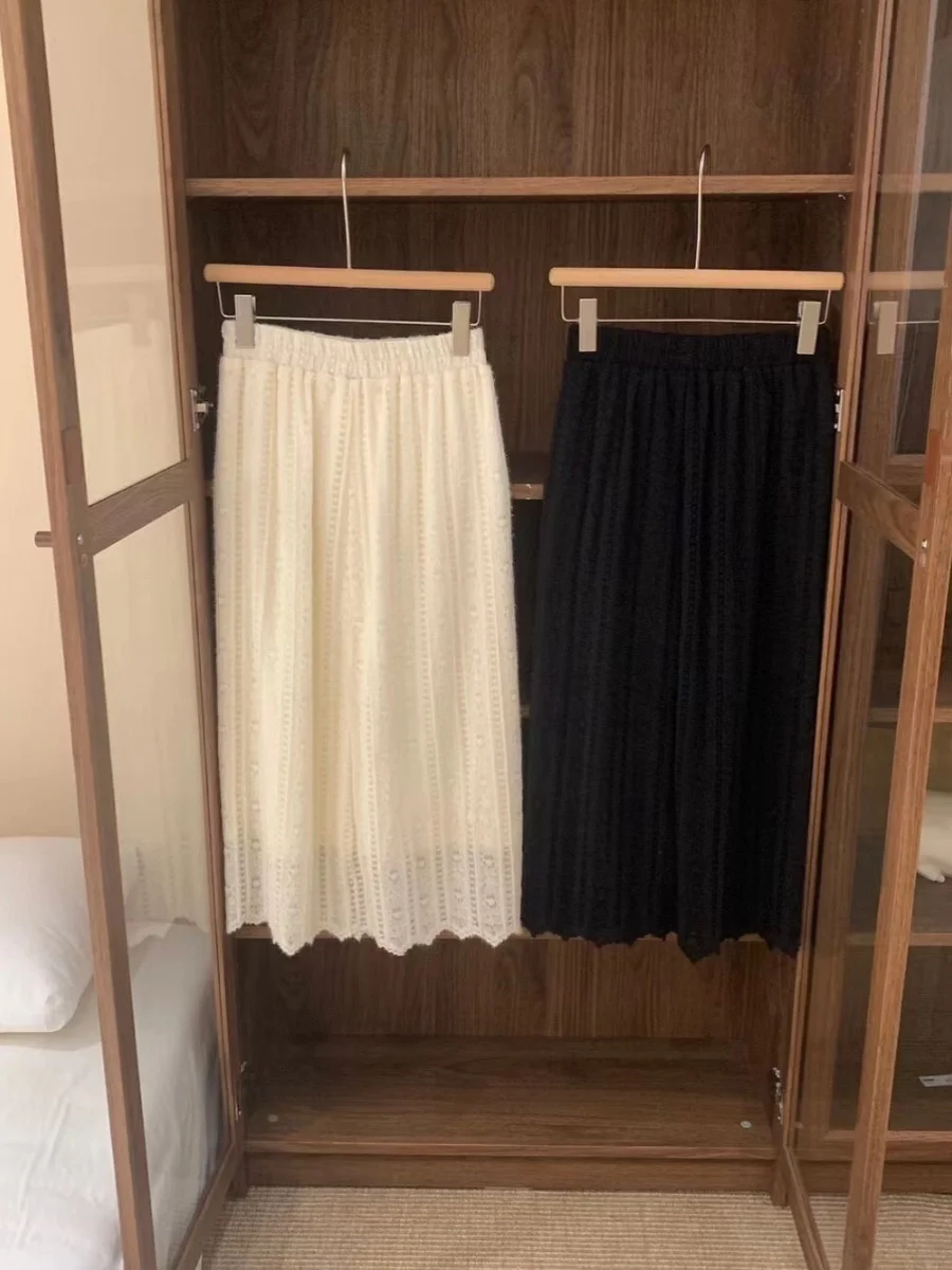 

Ele Semi-High Waist A-Line Midi Lace Skirt with Fce Women's Faion Commute Sle Casual High Waist Skirt