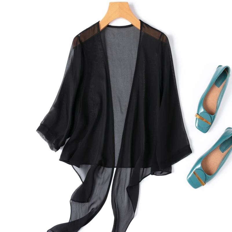 Women Cardigan 100% Natural Mulberry Silk Thin type Solid Color Black Bow-tied bottom Shawl Cappa Blouse Top Shirt M1133