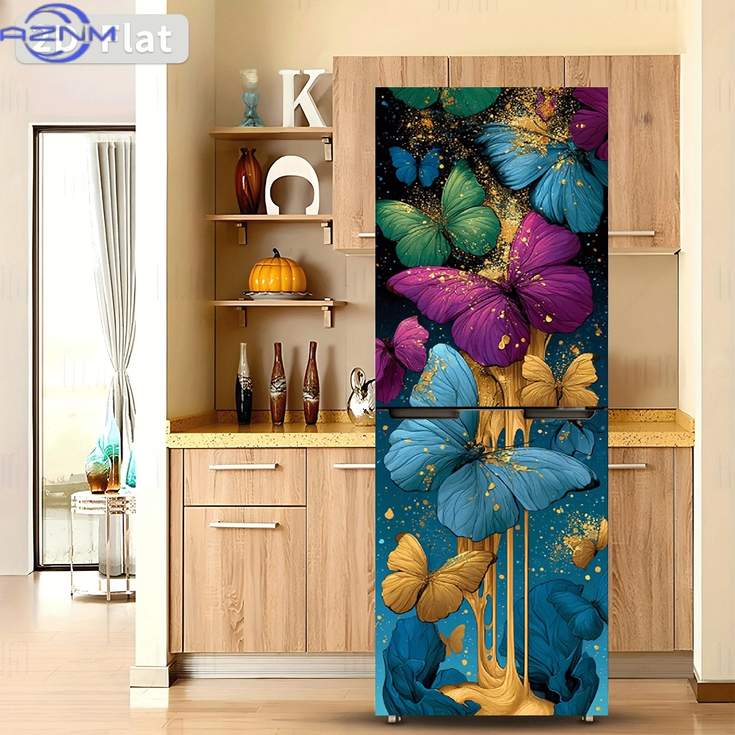 [2D Flat Printing] 1pc Refrigerator Sticker Gilded Butterfly Dance Theme Design Wall Decoration Self-Adhesive Suitable for Cab