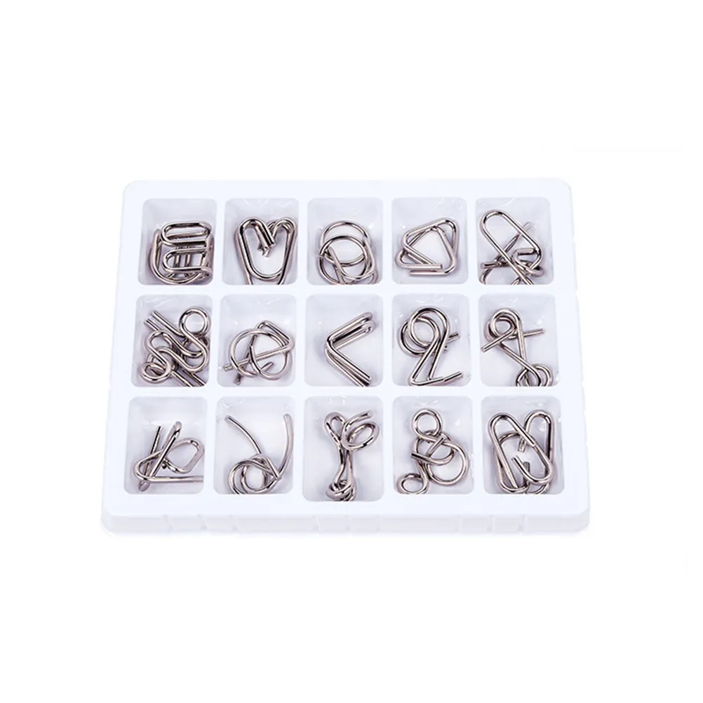 

15Pcs Chinese Ring Puzzle Set Intellectual Nine Ring Buckle Brain Teaser Challenge Game for Kids Adults