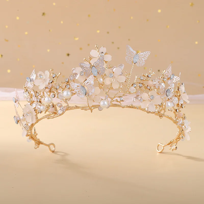 KMVEXO Baroque Butterfly Pearl Crystal AB Crown Tiara Rhinestone Hairband Wedding Hair Accessories Princess Bridal Headpieces