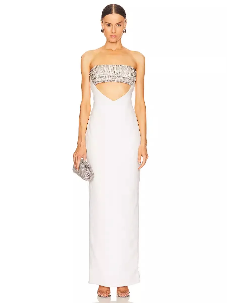 

2025 Women Summer Celebrity New Strapless Cut Out Diamonds White Dress Elegant Evening Club Party Dress