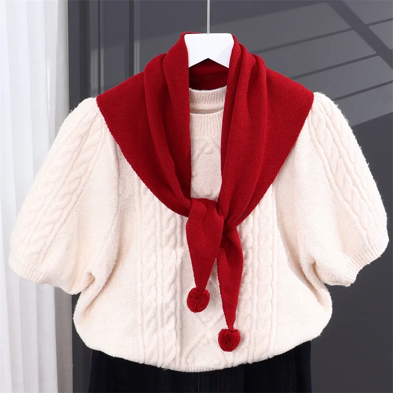 Women Knitted Triangle Pom-pom Hijab Scarf Soft Solid Wool Acrylic Turban Headscarf Adjustable Button Muslim Wrap Daily Wear New