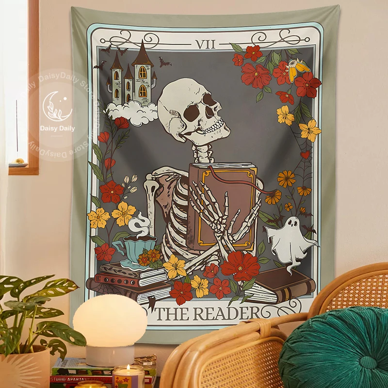 The Reader Tarot Card Tapestry Wall Hanging Witchy Stuff Mystical Skeleton Bohemian Divination Dormitory Home Room Decor Gift