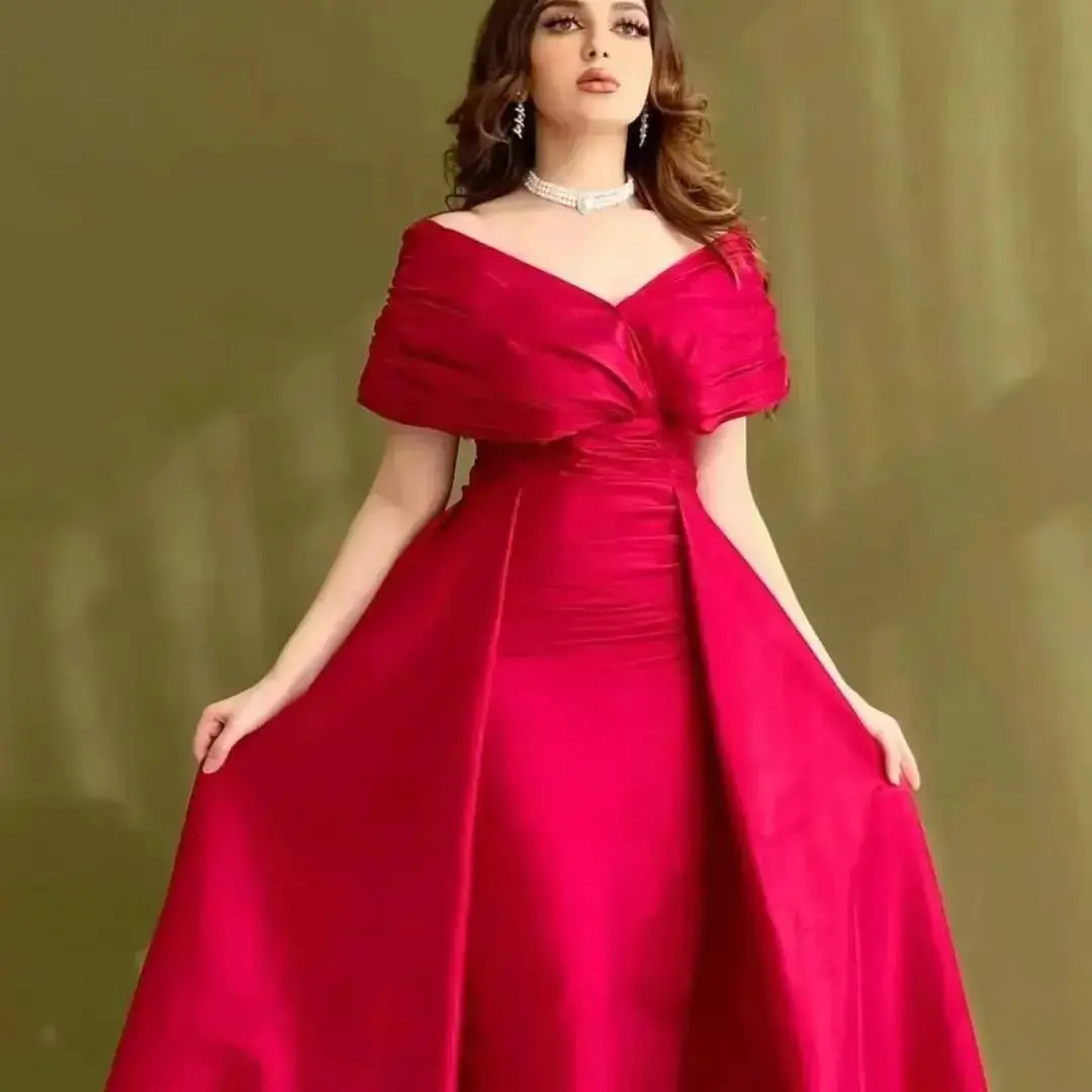 

Red Satin Long Prom Dresses A-line Off the Shoulder Floor Length Saudi Arabic Women Evening Party Dress