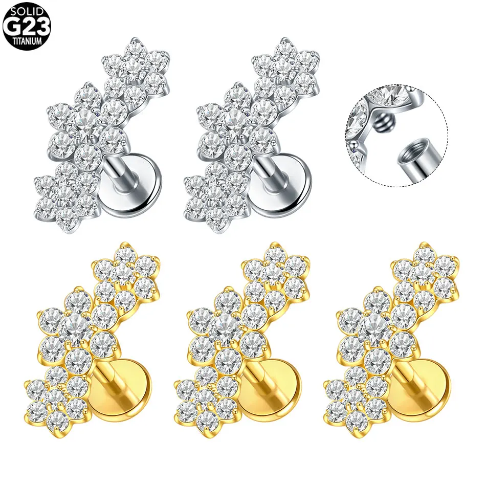 1/5 قطعة التيتانيوم Labret الأذن الزنمة القرط مربط داخليا الخيوط الزركون زهرة الشفاه الغضروف اللولب الثقب النساء مجوهرات 16 جرام #1