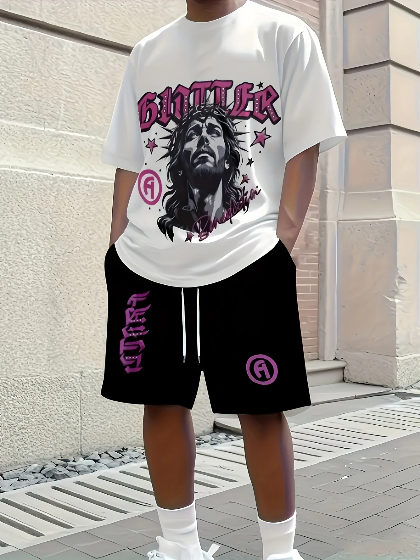 

Men's Summer Letter Character Printed Comfortable Breathable Round Neck T-shirt Drawstring Shorts Set Outdoor Street Wear