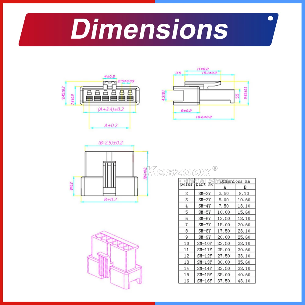 Extension JST 2.5MM SM2.54 SMP SMR 2/3/4/5/6/7/8/9/10P Male Female Connector with 10-100cm 22AWG  Wire