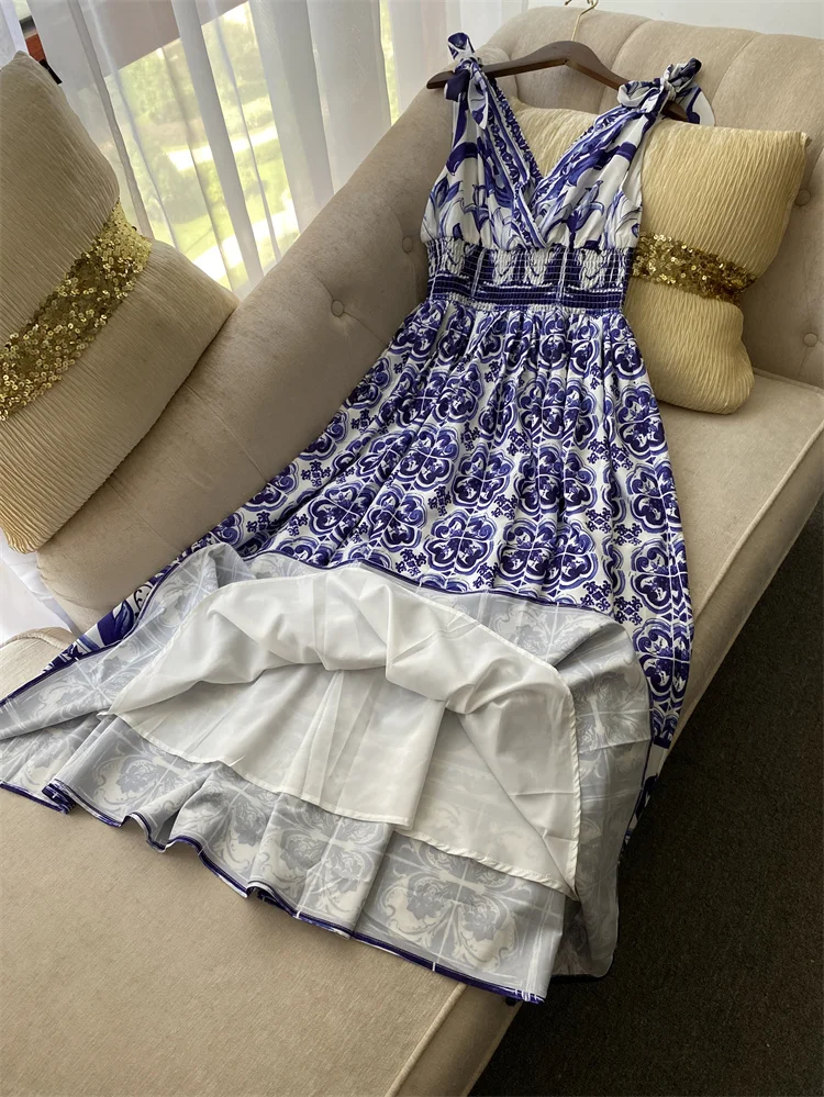 Summer Runway Blue Flower Holiday Dress Women's Bow Spaghetti Strap V-Neck High Elastic Waist Long Robe Maxi Vestidos