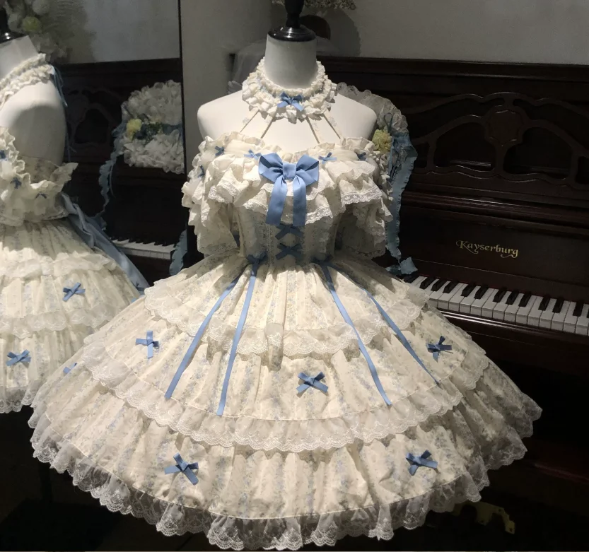 New Blue Floral Slash Neck Lolita Halter Neck Cake Dress Fashion High Waist A-line Versatile Age Reduction Princess Dresses