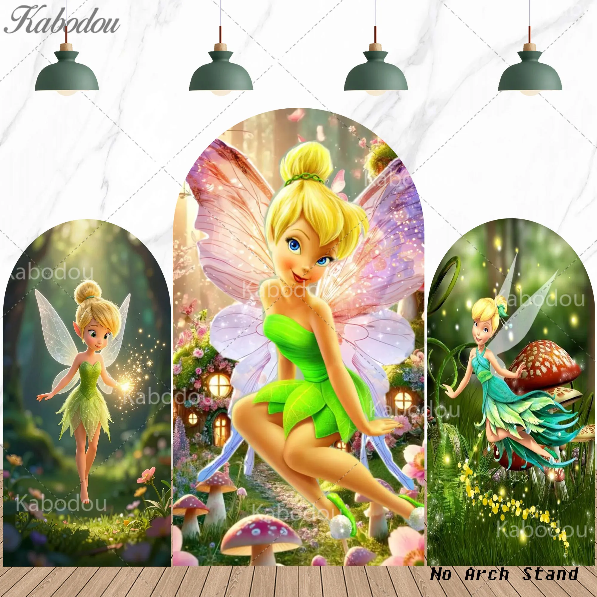 Arche de fond photo Tinker Bell pour fête d'anniversaire d'enfants et de filles, décor champignon forêt verte, bannière de toile de fond, accessoires de studio photo