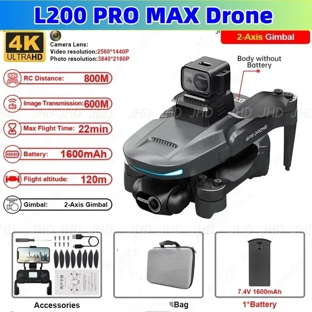 JHD L200 PRO MAX Drone GPS Brushless Motor 4K HD Profesional FPV Quadcopter 2-Axis Gimbal 360° Obstacle Avoidance Drone L200 PRO