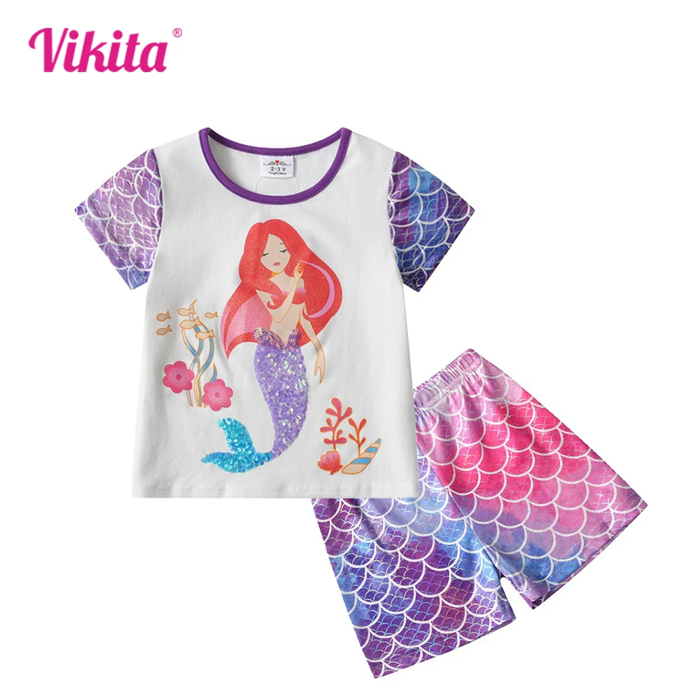 

VIKITA Girls Clothing Sets for Summer Kids Mermaid Print Short Sleeve Cotton T Shirt and Toursers Pants 2 Pcs Children Clothing