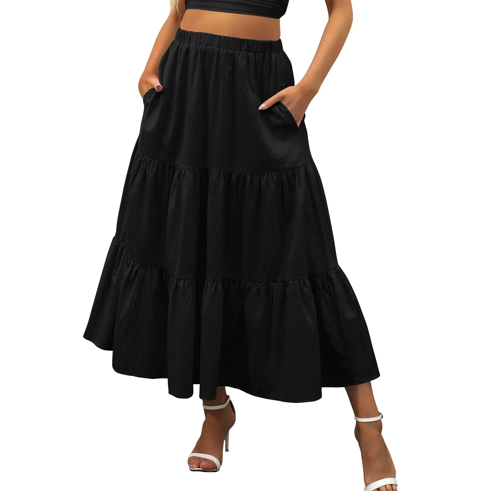 2023 Beach Summer Pleated Tiered Long With Pockets Skirt Dress Waist Women’s Elastic Flowy Swing A-Line Boho Skirt