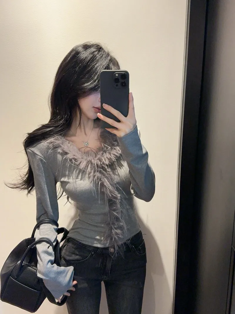 

Женская футболка с длинным рукавом и V-образным вырезом, однотонная, с эффектом пэчворк, облегающая, для ношения под одеждой, красивый топ на весну