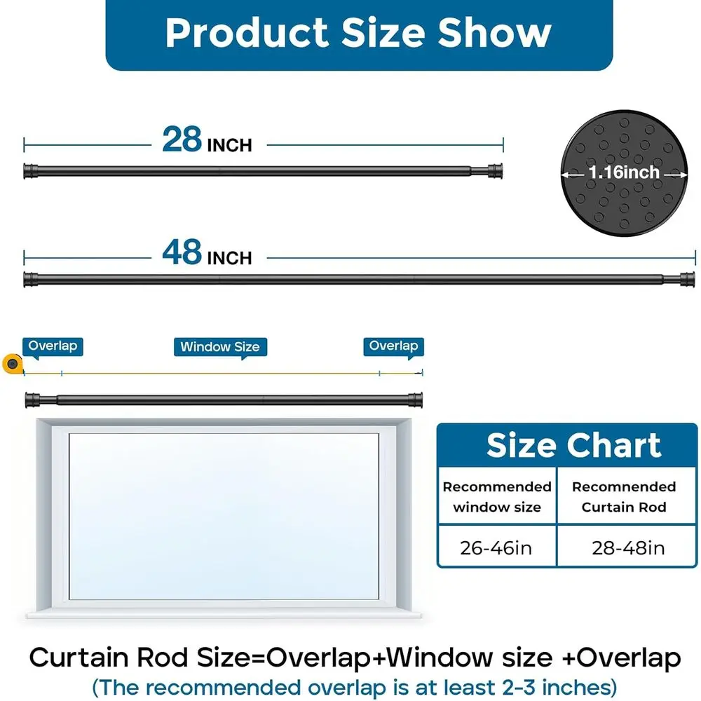 Curtain Rods No Drilling or Windows 28 to 48 Inches, 1/2 Inch Diameter Drapery Rod, Curtain Rods or Windows No Drilling, Black 1