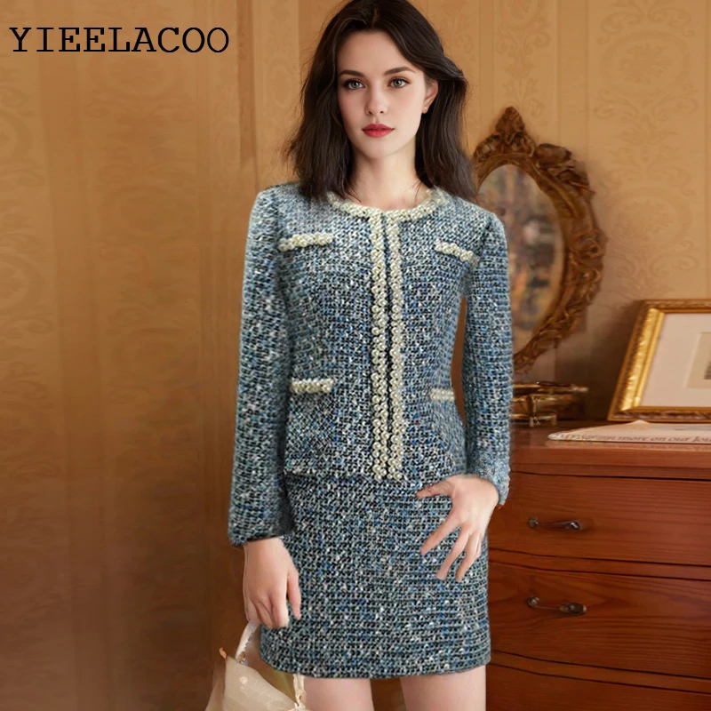 

Womens Tweed Jacket + Skirt Suits Elegant heavy beading autumn / winter coat cultivating long-sleeved Ladies 2-piece Set