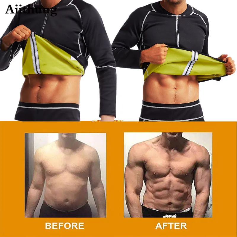 Aiithuug-traje de Sauna de neopreno para hombre, camisa de entrenamiento para pérdida de peso, moldeador de cuerpo, chaqueta de Fitness, Top de gimnasio, ropa moldeadora de manga larga