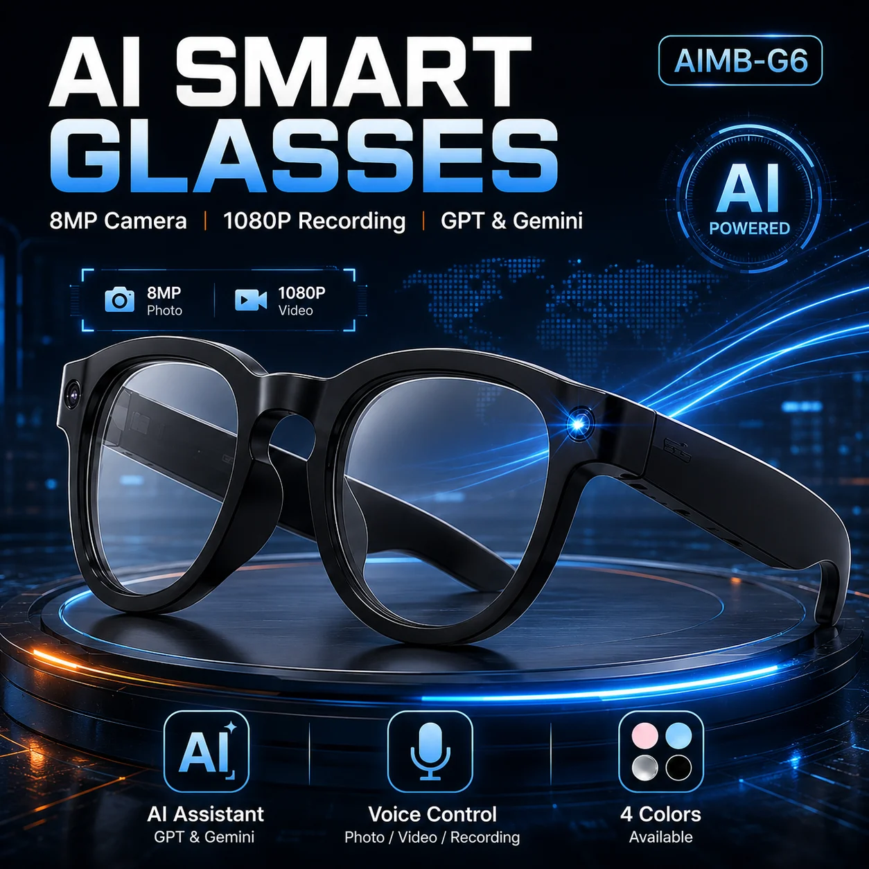 Smart Glasses Lens - AI Smart Glasses 8MP Camera 1080P