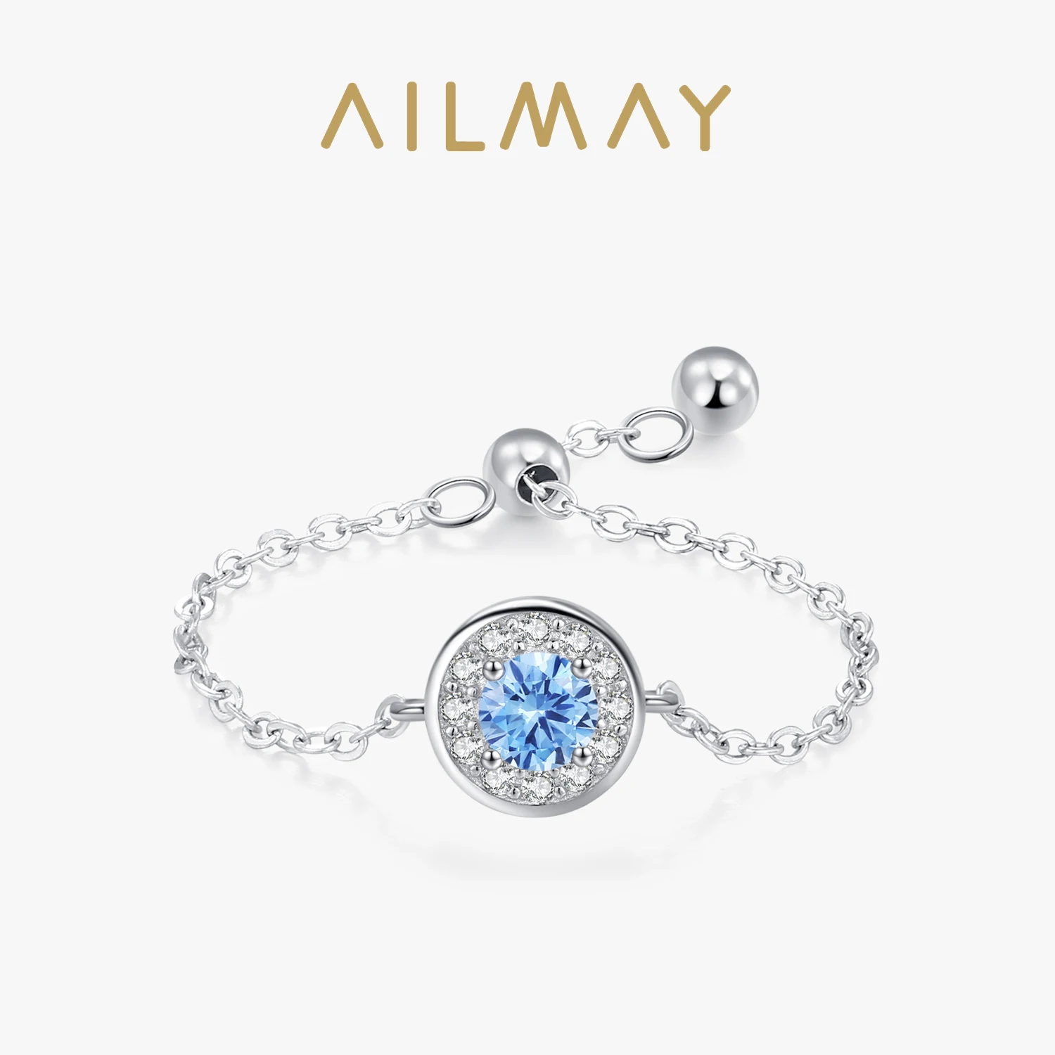 Ailmay 100% 925 Sterling Silver Blue Zircon Sparkling Round Chain Adjustable Ring For Fine Female Fashion Jewelry