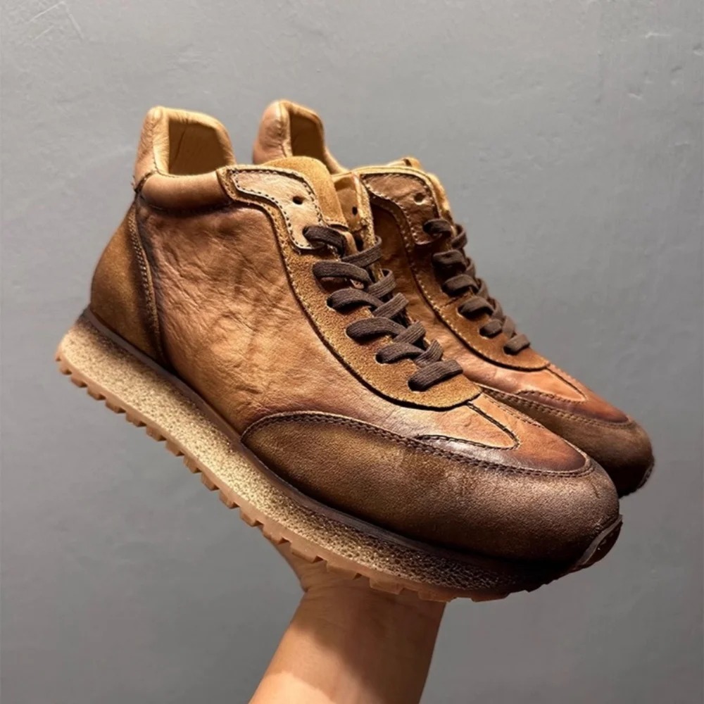 

QHCCID Handmade Cow Leather High Top Shoes Men Casual Shoes Soft Sole Wear-Resistant Fashion Retro Shoes Men