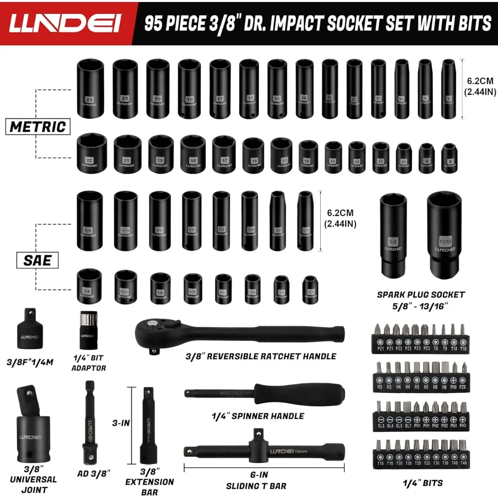 LLNDEI Set soket Impact Drive 3/8 ", SAE standar (5/16 hingga 3/4 inci) ukuran metrik (8-22mm), 95 potong, baja CR-V