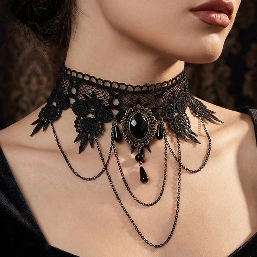 Black Lace Choker Necklace for Women with Regal Flower Metal Chain Beads Pendant Flower Clavicle Lengthening Lady Jewelry