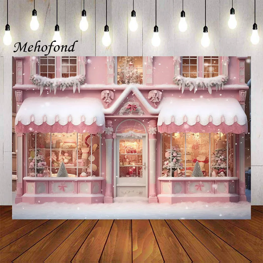 

Mehofond Photography Background Winter Christmas Pink Candy Shop Window Snow Xmas Kid Family Portrait Decor Backdrop Photo Studi