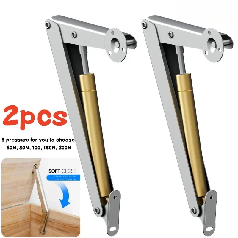 2Pcs Soft Close Gas Struts 60N-200N, Automatic Lid Support Hinges for Cabinet Chest Bed, Safe Slow Lowering Lift Spring