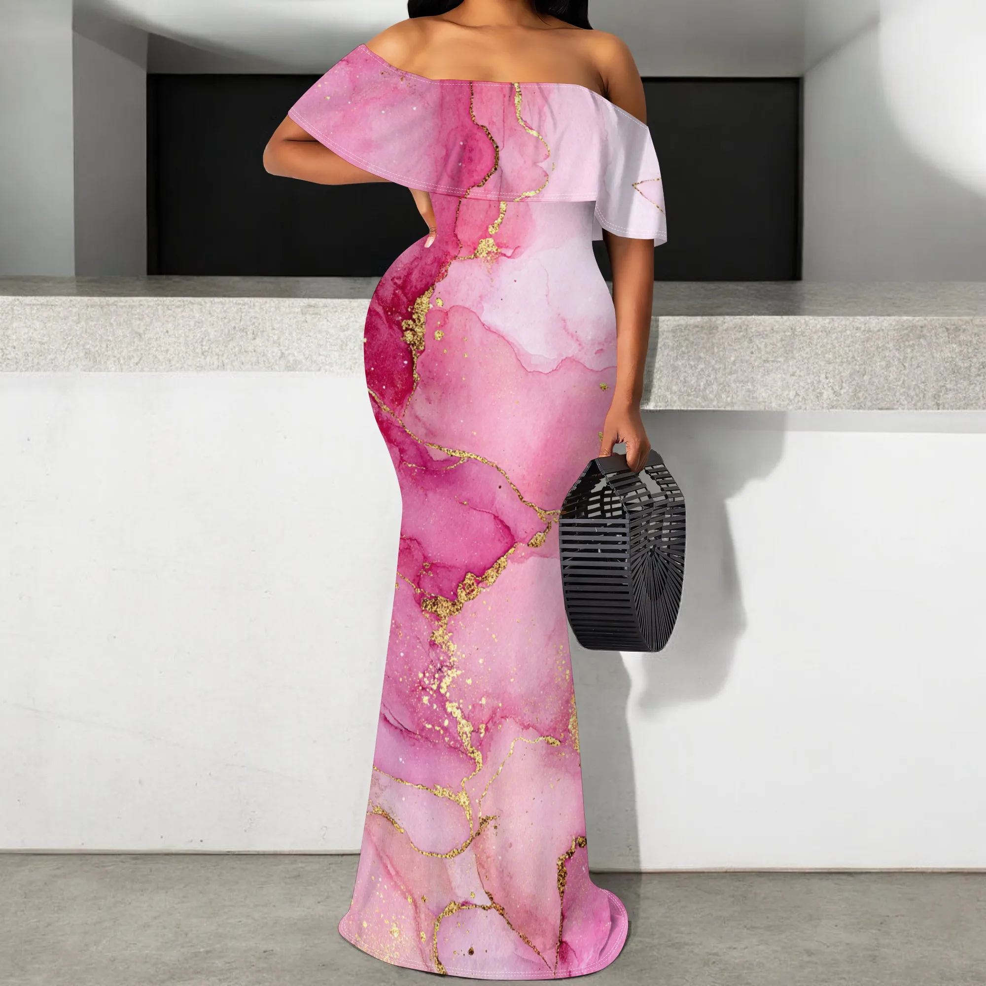 

Women’s Floral Print Off Shoulder Maxi Dress Elegant Mermaid Hem Summer Wedding Guest Party Long Dress S-3XL