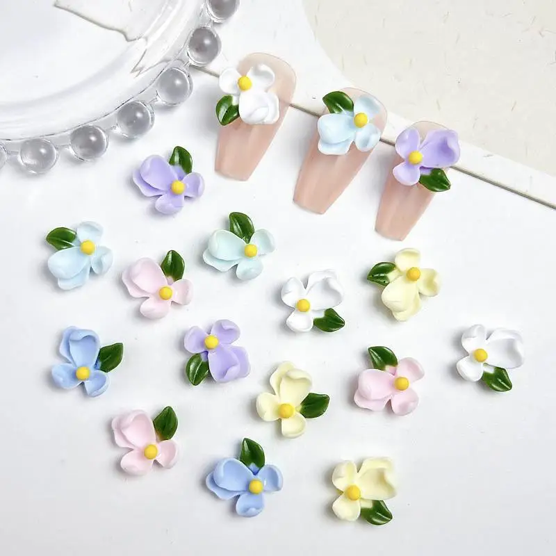 30PCS Dopamine Colors Resin Gardenia Nail Charms with Fresh Green Leaf Sweet Style Flowers Nail Art Decorations for Manicure DIY