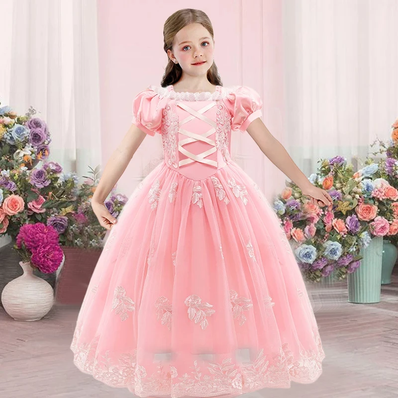 Elegant Pink New Summer Girl Princess Wedding Banquet Segment Tail Dress Girl Campus Graduation Party Dance Tail Dress