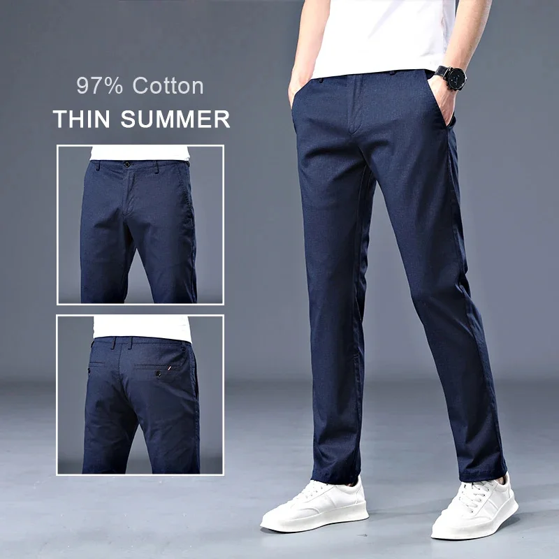 

97% Summer Cotton Men Thin Regular Fit Casual Pants High Quality Business Fashion Small Plaid Straight Trousers Male Brand