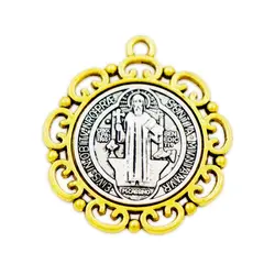 2Pcs 2-Tone Retro Saint St Benedict Medal Cross Spacer Charm Beads Pendants L1705 37x33mm Fashion Jewelry Findings Components