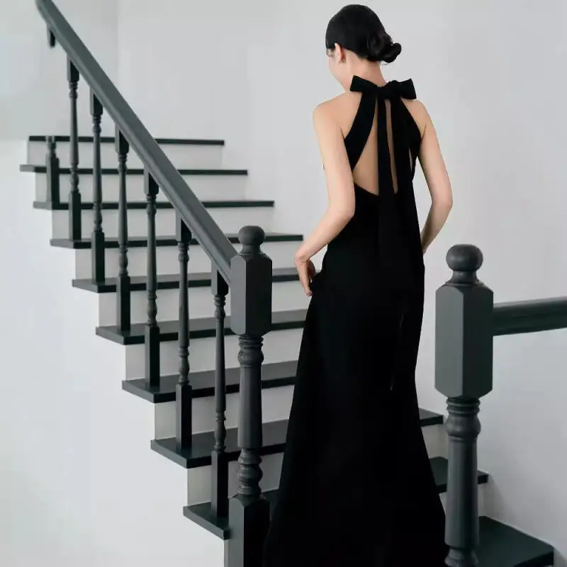 Women Satin Evening Party Dress Solid Elegant Qipao Backless Halter Cheongsam Mermaid Trailing Dress Sleeveless Robe De Soiree